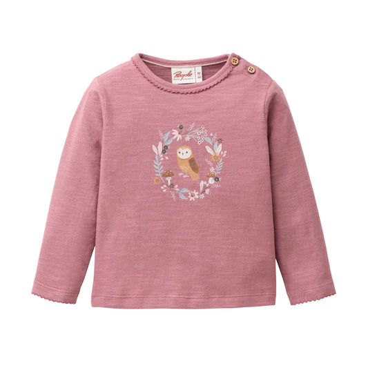 People Wear Organic Langarm Shirt in dunkelmalve mit Eulenprint aus Bio-Baumwolle GOTS