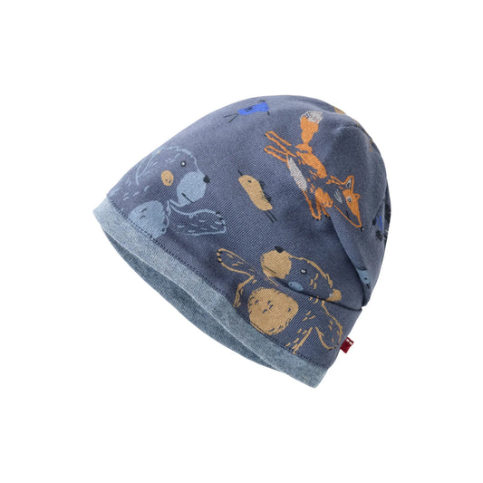 People Wear Organic Wendemütze in blau mit Waldtierprint und blau mélange aus Bio-Baumwolle GOTS