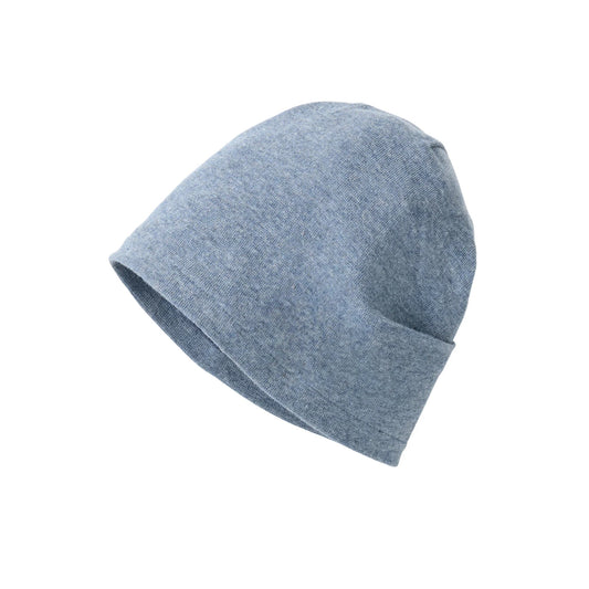 People Wear Organic Wendemütze in blau mit Waldtierprint und blau mélange aus Bio-Baumwolle GOTS