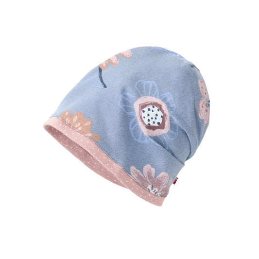 People Wear Organic Wendemütze mit Herbstblumenprint und rosa Pünktchen aus Bio-Baumwolle GOTS