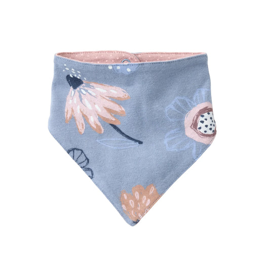 People Wear Organic Wendbares Dreieckstuch in  blau mit Herbstblumenprint  und rosa Pünktchen GOTS