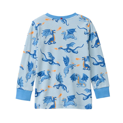 People Wear Organic Pyjama, blau bedruckt "Drachen", Bio-Baumwolle, GOTS