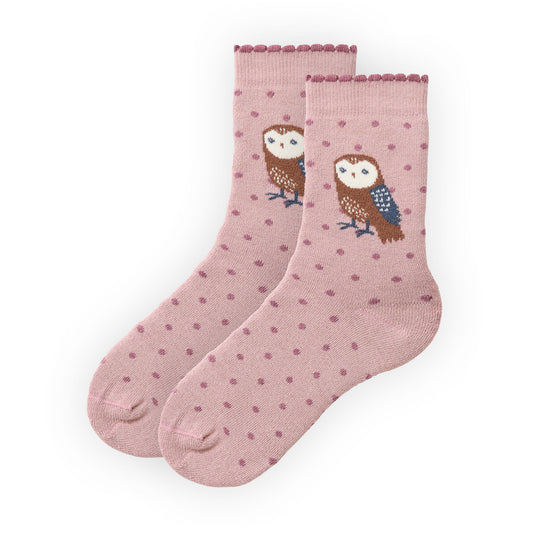 People Wear Organic Frottée Socken, rosa gemustert, "Eule",  Bio-Baumwolle, GOTS