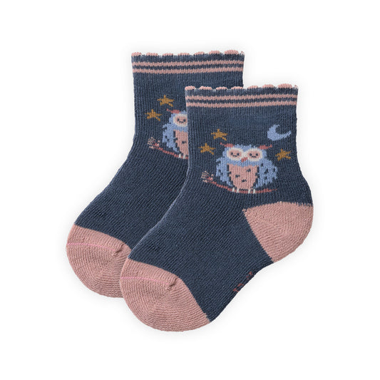 People Wear Organic Frottee Socken in indigoblau  mit Motiv "Eule" GOTS