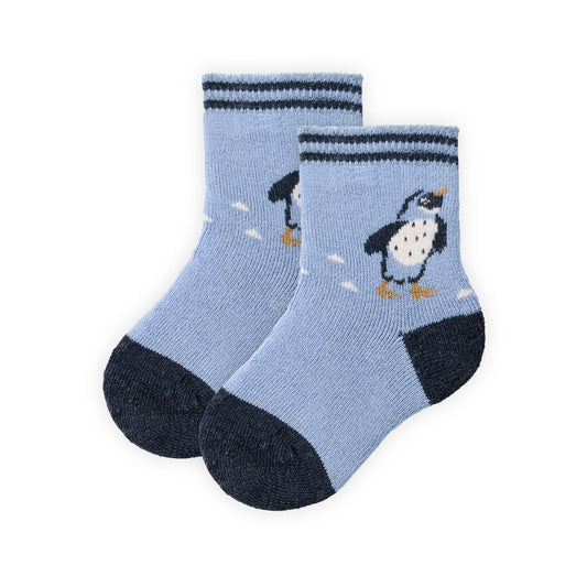 People Wear Organic Frottee Socken in rauchblau  mit Motiv "Pinguin" GOTS