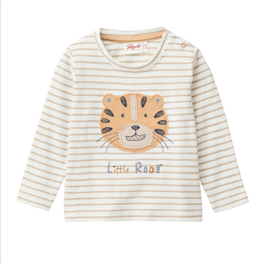 People Wear Organic Langarm Shirt in dunkelsand geringelt mit Applikation "tiger face" GOTS