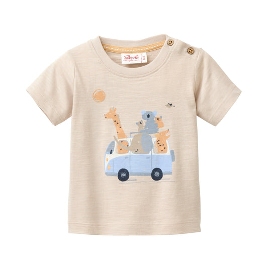 People Wear Organic Kurzarm Shirt in beige uni mit Motiv "adventure trip" GOTS