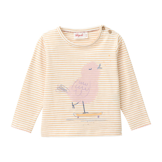 People Wear Organic Langarm Shirt in honiggelb geringelt mit Motiv "relaxed bird" GOTS