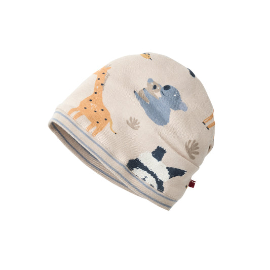 People Wear Organic Wendemütze in  sand bedruckt mit Zootier-Print und rauchblau geringelt GOTS
