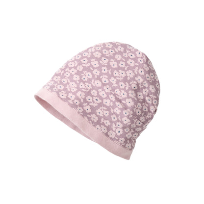 People Wear Organic Wendemütze in dunkelmalve mit kleinem Veilchen-Print und malve uni GOTS