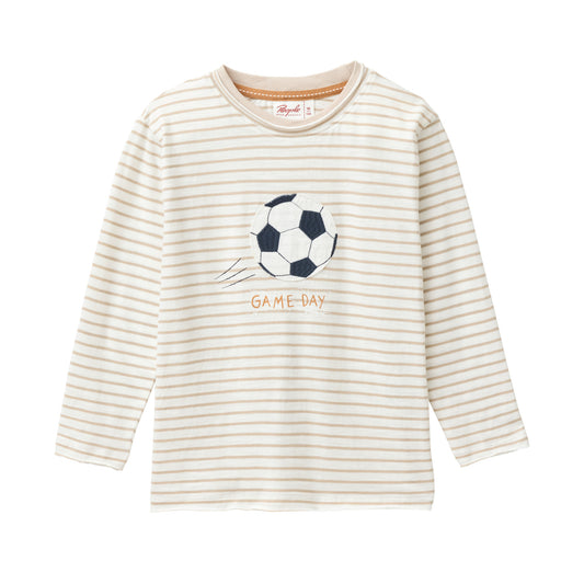 People Wear Organic Langarm Shirt in dunkelsand geringelt mit "Fußball"-Applikation GOTS