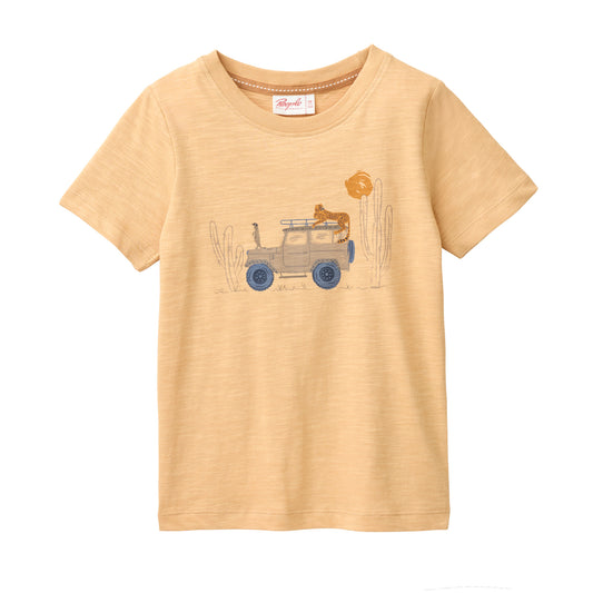 People Wear Organic Kurzarm Shirt in uni honiggelb mit "Safari"-Print GOTS