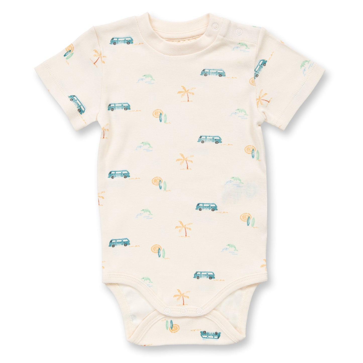 Sense Organics Baby Body weiß mit Retro-Bus-Druck, Modell VARIN, GOTS
