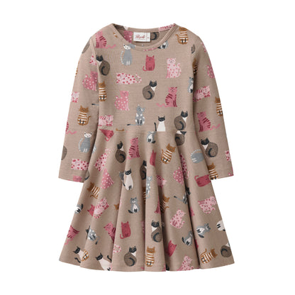 People Wear Organic Langarm-Kleid mit Katzenprint GOTS