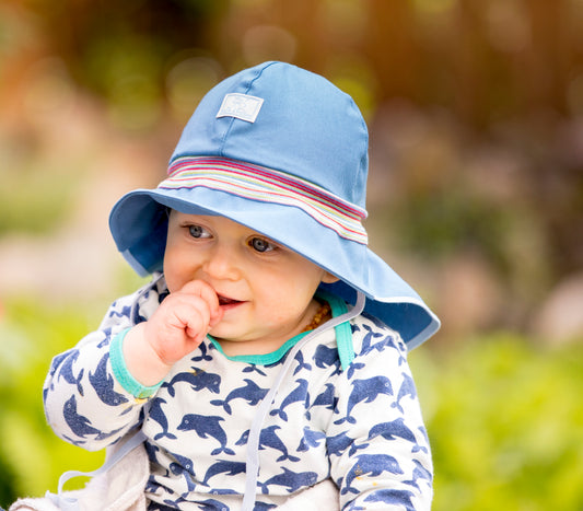 Pickapooh Sonnenmütze Feuerwehr Strick in Jeansblau UV 60