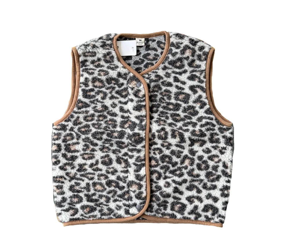 Alwero Weste TYB Adult aus Bio-Wolle Ultralight Leopard White mit braunem Saum