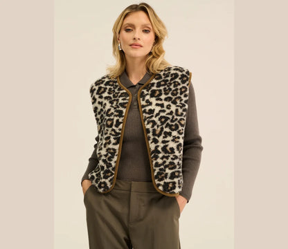 Alwero Weste TYB Adult aus Bio-Wolle Ultralight Leopard White mit braunem Saum