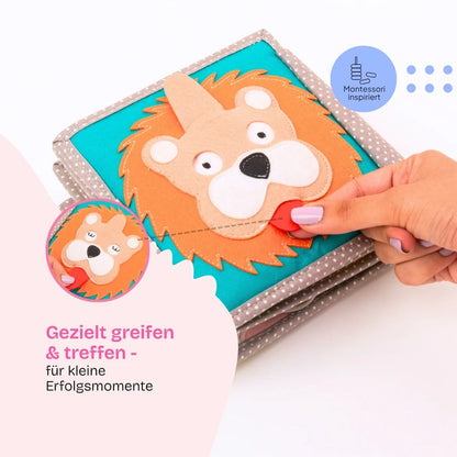 Jolly Designs Quiet Book Dösender Löwe – Fühlbuch erste Wörter ab 6 Monaten (ohne lose Teile)