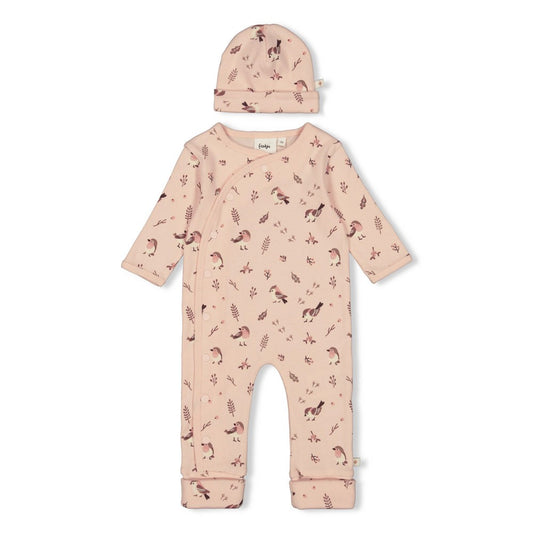 Feetje Strampler mit Klappfuß Geschenkkarton Set mit Mütze - Vogelprint