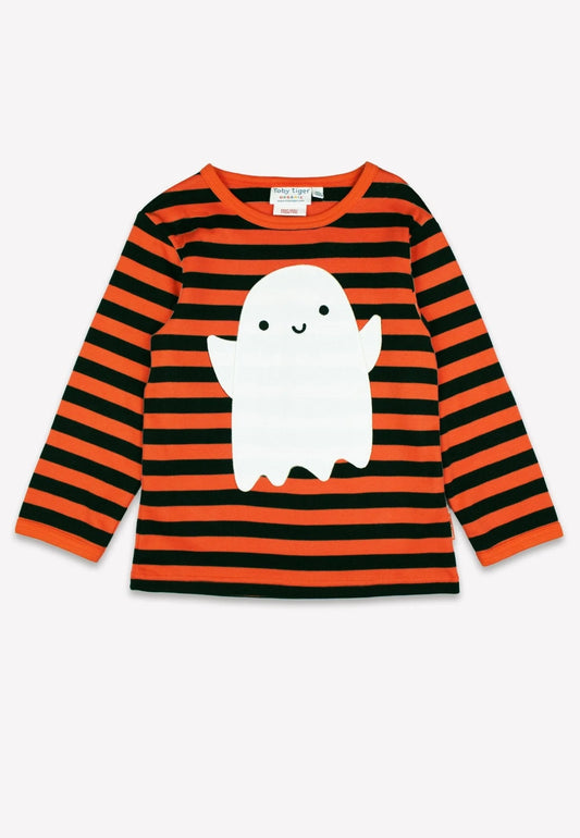 Toby Tiger Langarmshirt gestreift mit Gespenster-Applikation GOTS